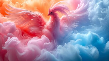   A large white bird painted against a sky filled with clouds – oranges, blues, and pinks prevail - obrazy, fototapety, plakaty
