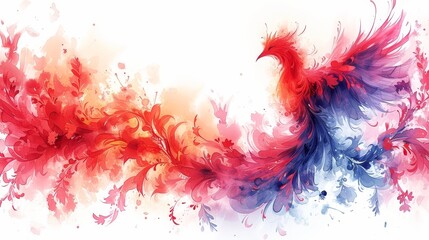   A painting features a bird against a white backdrop, its back adorned with red, blue, and orange feathers