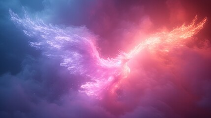   A bird flies against a backdrop of cloudy sky, transitioning from pink and blue hues to red and blue shades below