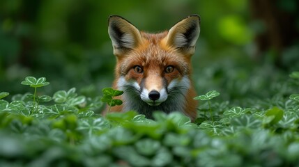 Fototapeta premium A red fox, up close, surprises among green plants in a field