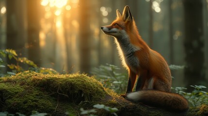   A red fox sits on a moss-covered log in a forest, sun shining through tree branches behind - obrazy, fototapety, plakaty