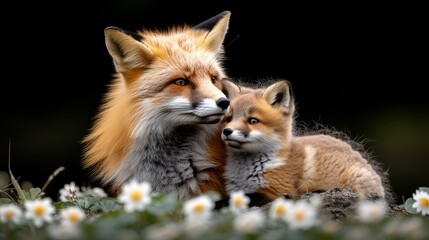   Two foxes seated side by side on a green grass field adorned with white blooms, against a backdrop of pure black