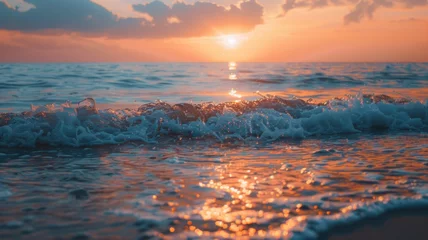 Zelfklevend Fotobehang Golden hour waves on a sandy beach - Warm, golden sunlight reflects off gentle waves, capturing the essence of a peaceful sunset on a quiet sandy beach © Mickey