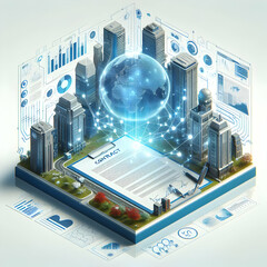 3D flat icon for business as Tech Accord as A futuristic contract with holographic signatures tech cityscape integrating with a network grid. in business digital collaboration theme with isolated whit