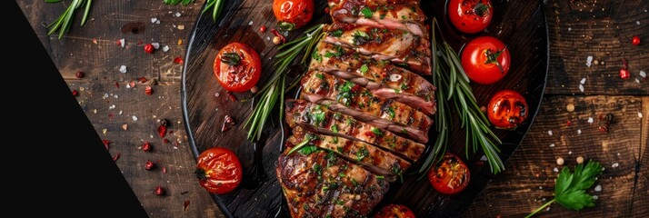 Grilled steak with herbs and tomatoes - Grilled steak topped with bacon strips and herbs, tomatoes, and garlic on a rustic wooden board