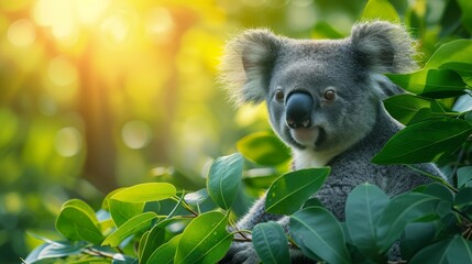   A koala up-close on a leafy branch against a sun-backed sky - obrazy, fototapety, plakaty