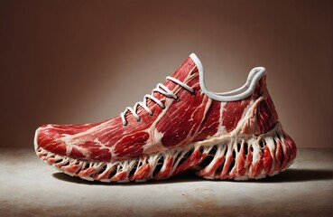 a shoe with a design inspired by the look of a piece of meat