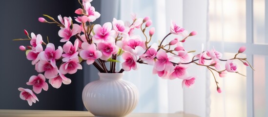 A pink flowerfilled vase decorates the table by the window, adding a touch of purple and pink to...