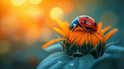   A ladybug atop a flower against a brilliant yellow backdrop, adorned with water droplets