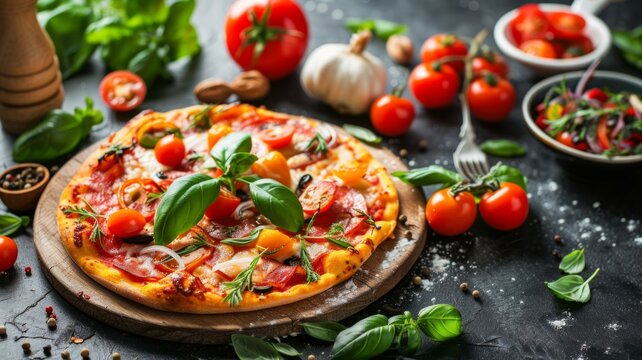 Loaded pizza with vibrant toppings - Overhead shot of a delicious pizza loaded with colorful ingredients and toppings