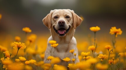   A tight shot of a dog in a flower-filled field with its mouth agape and tongue extended - obrazy, fototapety, plakaty