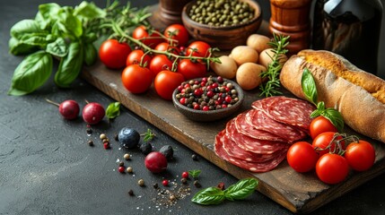   A wooden cutting board bearing meat and vegetables, beside a bottle of wine and a bowl of olives