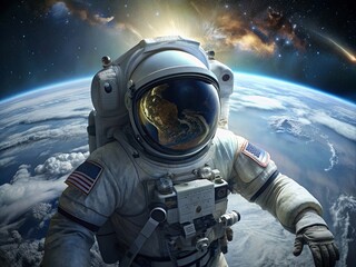 astronaut in space overlooking earth - obrazy, fototapety, plakaty