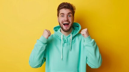 Ecstatic young man in teal hoodie with surprised expression. Bright yellow background with copy space - obrazy, fototapety, plakaty