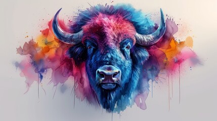   A buffalohead painting with vibrant paint splatters on its face and horns