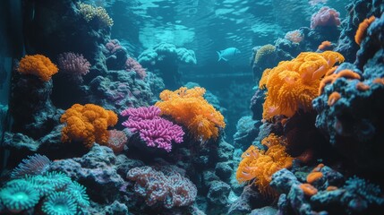   An underwater perspective of a vibrant coral reef teeming with diverse corals growth beneath it