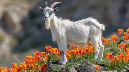  A white goat atop a lush green field on a hillside, adorned with orange and red flowers