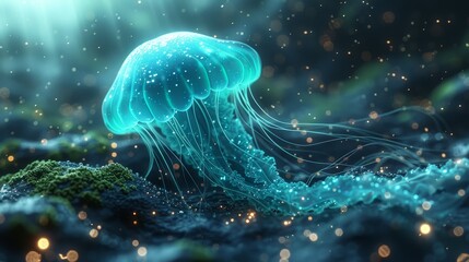   A jellyfish painting floats in the ocean, surrounded by bubbles on the surface and stars above - obrazy, fototapety, plakaty