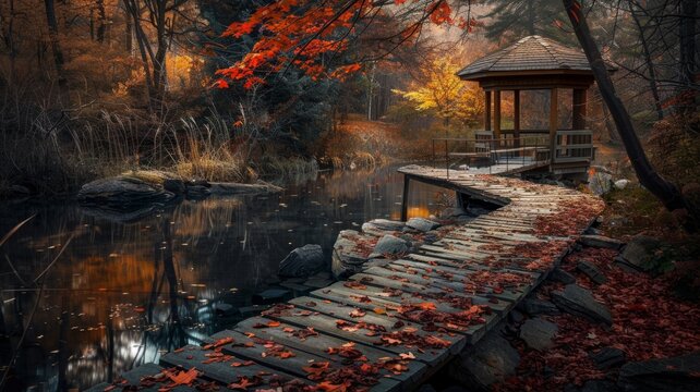 Serene autumnal lake scene - An enchanting gazebo sits by a calm lake, surrounded by fiery autumn leaves and rocks, conjuring a peaceful retreat