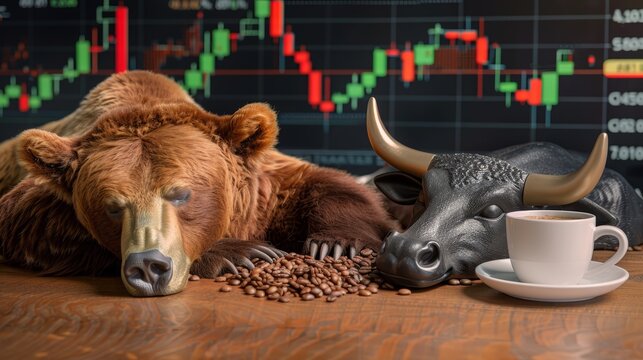 Bear and bull with coffee cup, stock market trends concept