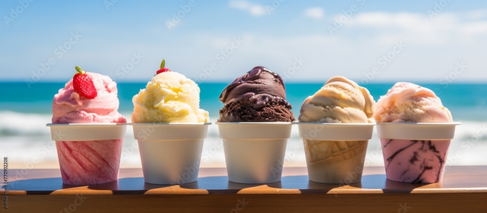 Poster five cups of dairy ice cream are arranged on a table against a backdrop of the ocean and cloudy sky,