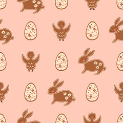 Pink Easter gingerbread cookies seamless pattern with tasty rabbit bunny, cute chicken, Easter eggs. Vector spring food illustration, tasty bakery elements for textile design, wallpaper, print, fabric
