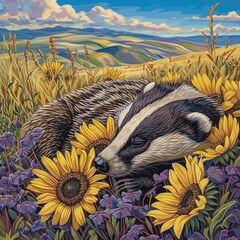 Obraz premium A badger naps amid sunflower field, mountain range distant in background