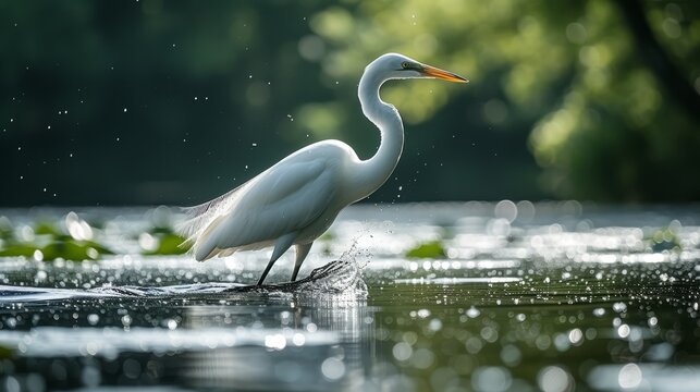   A pristine white bird atop a tranquil body of water Nearby, a verdant forest teems with lush greenery and abundant leaves