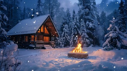 a winter wonderland scene with an AI-crafted image showcasing a remote cabin covered in snow, enhanced by the soft glow of a stylized fire pit - obrazy, fototapety, plakaty