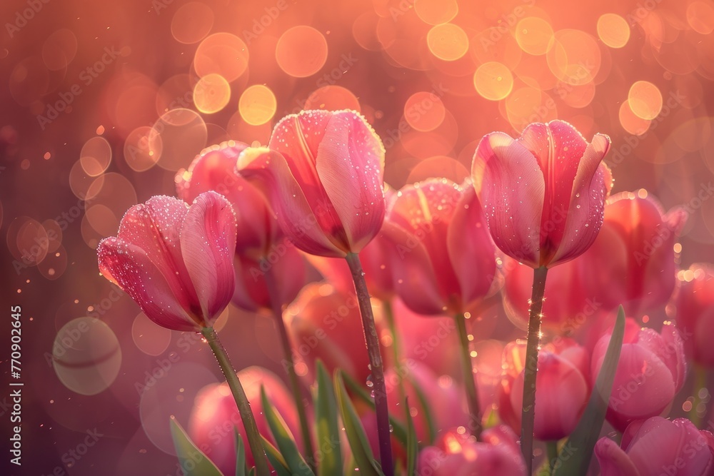 Poster tulips in a soft glow bokeh lights background
