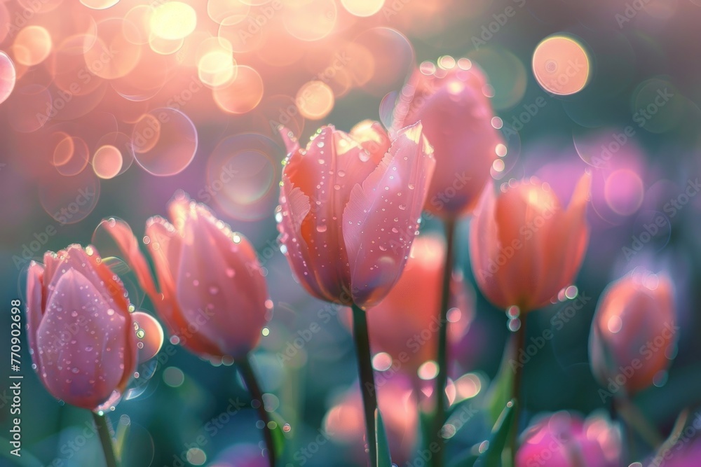 Poster tulips in a soft glow bokeh lights background