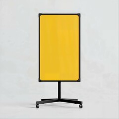 A large yellow whiteboard on wheels, front view, white background, minimalist style, black frame, square shape, flat surface, solid color, bright light source, high resolution, no shadows.