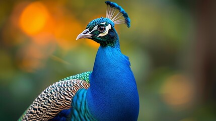 Obraz premium A tight shot of a blue-green bird with indistinct background, featuring trees in the distance