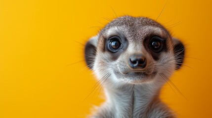  A meerkat's face, closely framed, against a yellow backdrop Background softly blurred