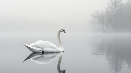   A white swan floats atop a fog-shrouded lake amidst midday, trees visible in the background