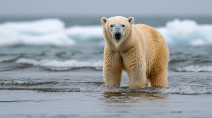   A polar bear up close by a water body, surrounded by icebergs in the background - obrazy, fototapety, plakaty