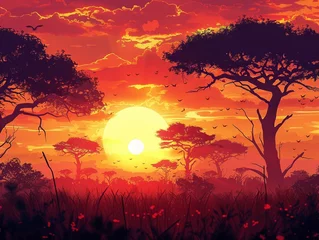 Schilderijen op glas Safari sunset, abstract silhouettes, wide view, golden tones for wild wallpaper , vibrant © NatthyDesign