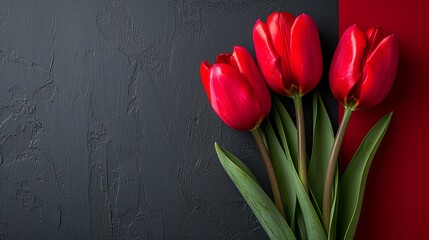   Red tulips in a vase against a red and black background; a red wall visible in the background