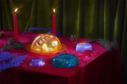 Christmas vintage still life with colored jelly