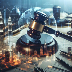 Fototapeta na wymiar Photo real for Legal Settlement as A gavel resting on legal documents with a double exposure of cityscape and financial charts. in business digital collaboration theme ,Full depth of field, clean brig