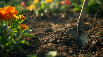 shovel inserted into rich soil in a garden, with vibrant marigold flowers and other plants bathed in sunlight, suggesting gardening activities. - obrazy, fototapety, plakaty