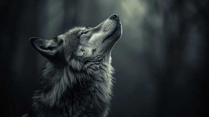   A black-and-white image of a wolf gazing up at the sky with closed eyes and turned head to the left