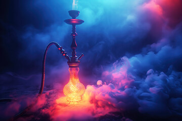 smoky hookah with shisha smoke with neon red and blue light - obrazy, fototapety, plakaty