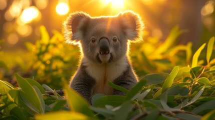 Obraz premium A koala, nose close-up, sits in a bush Sunlight filters through tree branches behind