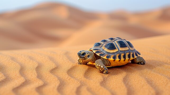   A small turtle atop a sandy surface in the sand dune landscape, surrounded by towering sand dunes and distant mountains