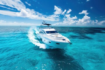 A luxury yacht on crystal blue waters under a clear sky - obrazy, fototapety, plakaty