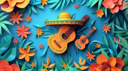 Paper festive background of a Mexican holiday Cinco de Mayo, Mexican May party. Concept of Cinco de Mayo party with sombrero hat, maracas, guitar. Generative ai