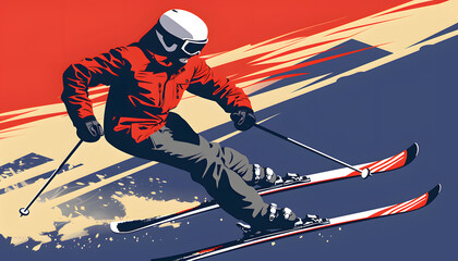 Skier skiing down slope with helmet for winter sports