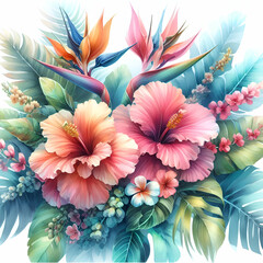Photo real for Tropical Watercolor as Exotic tropical flowers and foliage in vibrant watercolor in watercolor floral theme ,Full depth of field, clean bright tone, high quality ,include copy space, No