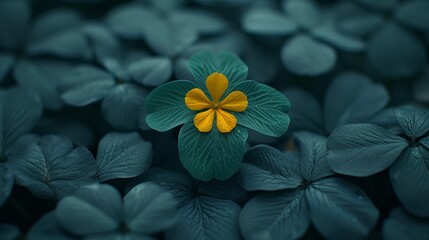   A cluster of green leaves with a yellow flower centrally positioned among them, situated on the image's left side - obrazy, fototapety, plakaty